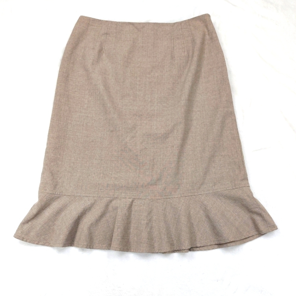 KATE HILL WOMENS TAN BROWN NEUTRAL CLASSY WOOL BLEND RUFFLE HEM SKIRT SIZE 12